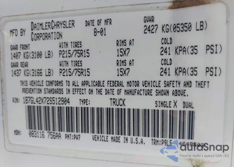 2002 Dodge Dakota Slt from USA, damaged, VIN 1B7GL42X72S512904